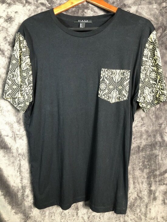 21 MEN Other - 2 Men Men’s Pocket Tee Shirt Two Toned Black  Yellow Geo Print Shirt Size L